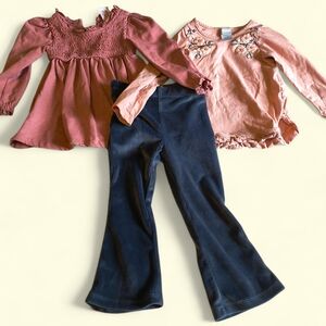 Tahari toddler girls 3 piece set 2 pink tops and velvet bell bottoms